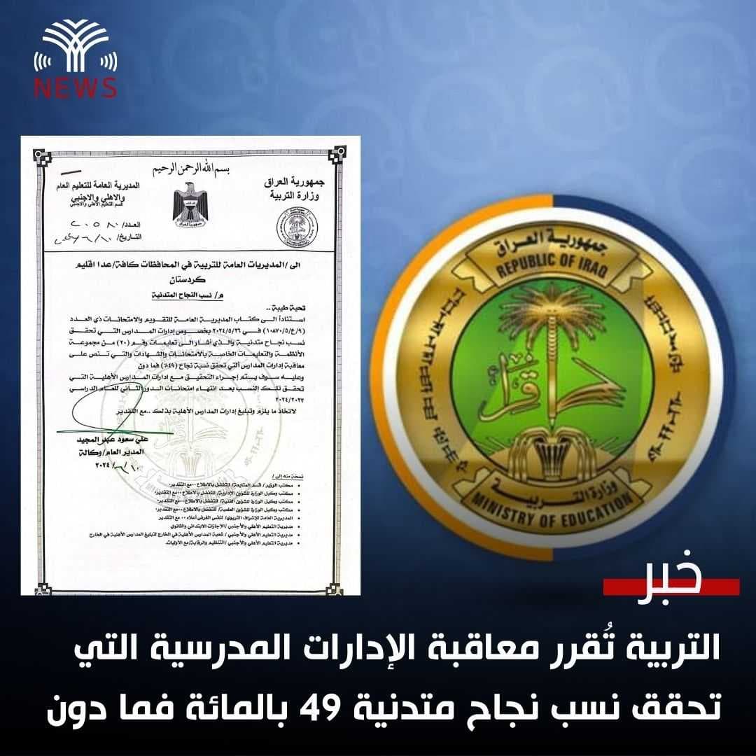 التربية تُقرر معاقبة الإدارات المدرسية التي تحقق نسب نجاح متدنية 49 بالمائة فما دون